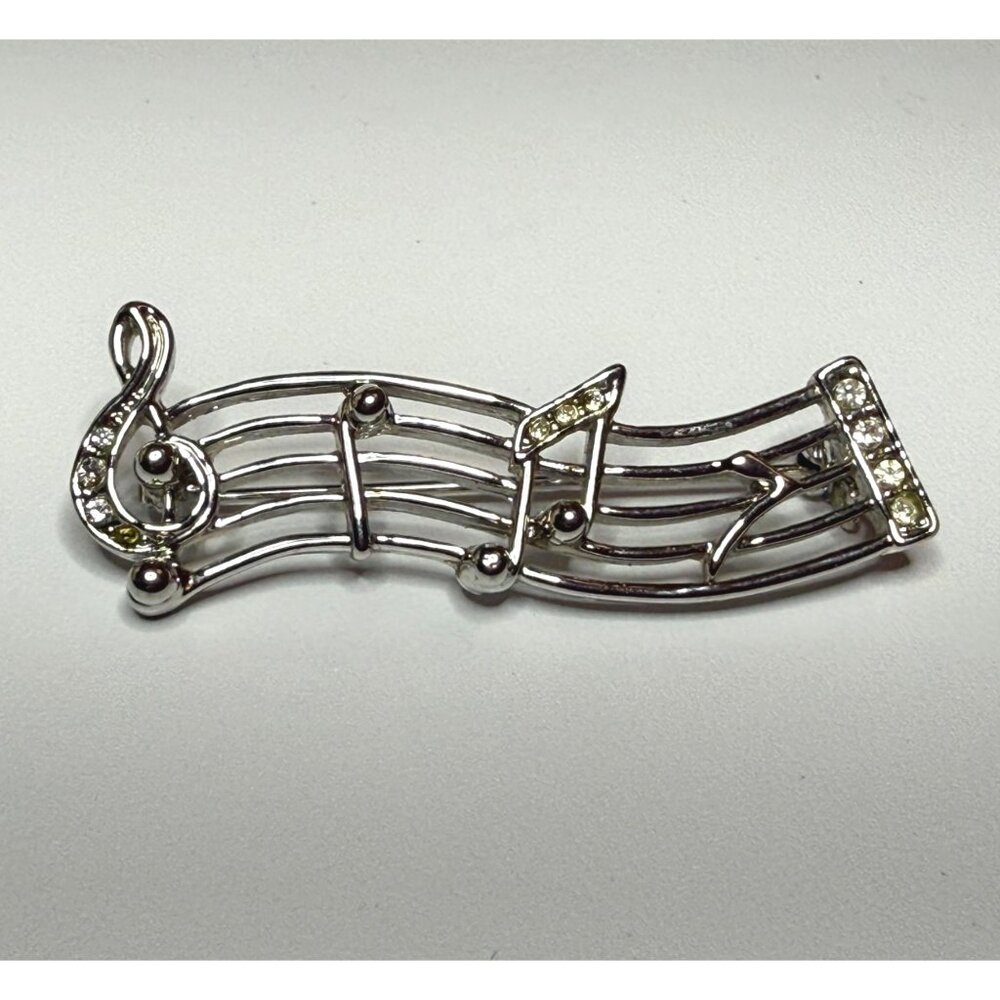 Vintage Silver-Tone and Clear Rhinestone Musical Score Brooch Treble Clef